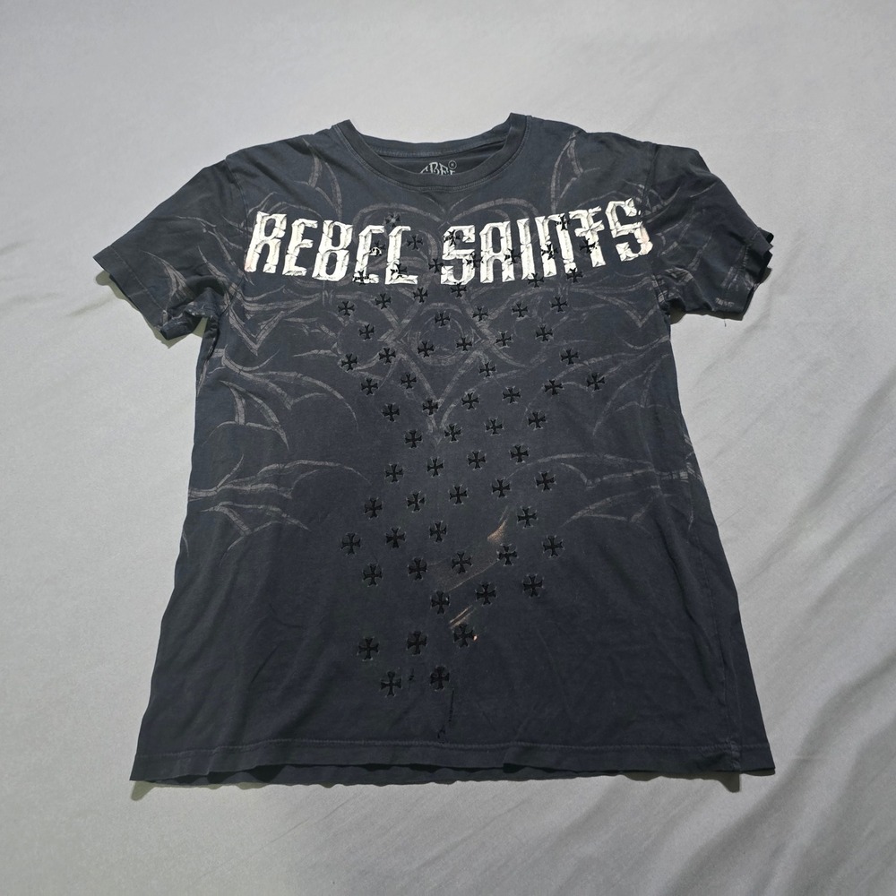 vintage y2k Rebel Saints by Affliction T-Shirt Mens Medium Black Graphic Cross